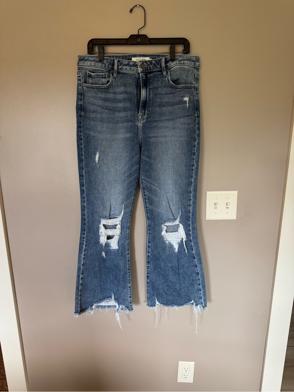 Women's Distressed Blue Cropped Flare Jeans - Casual Everyday